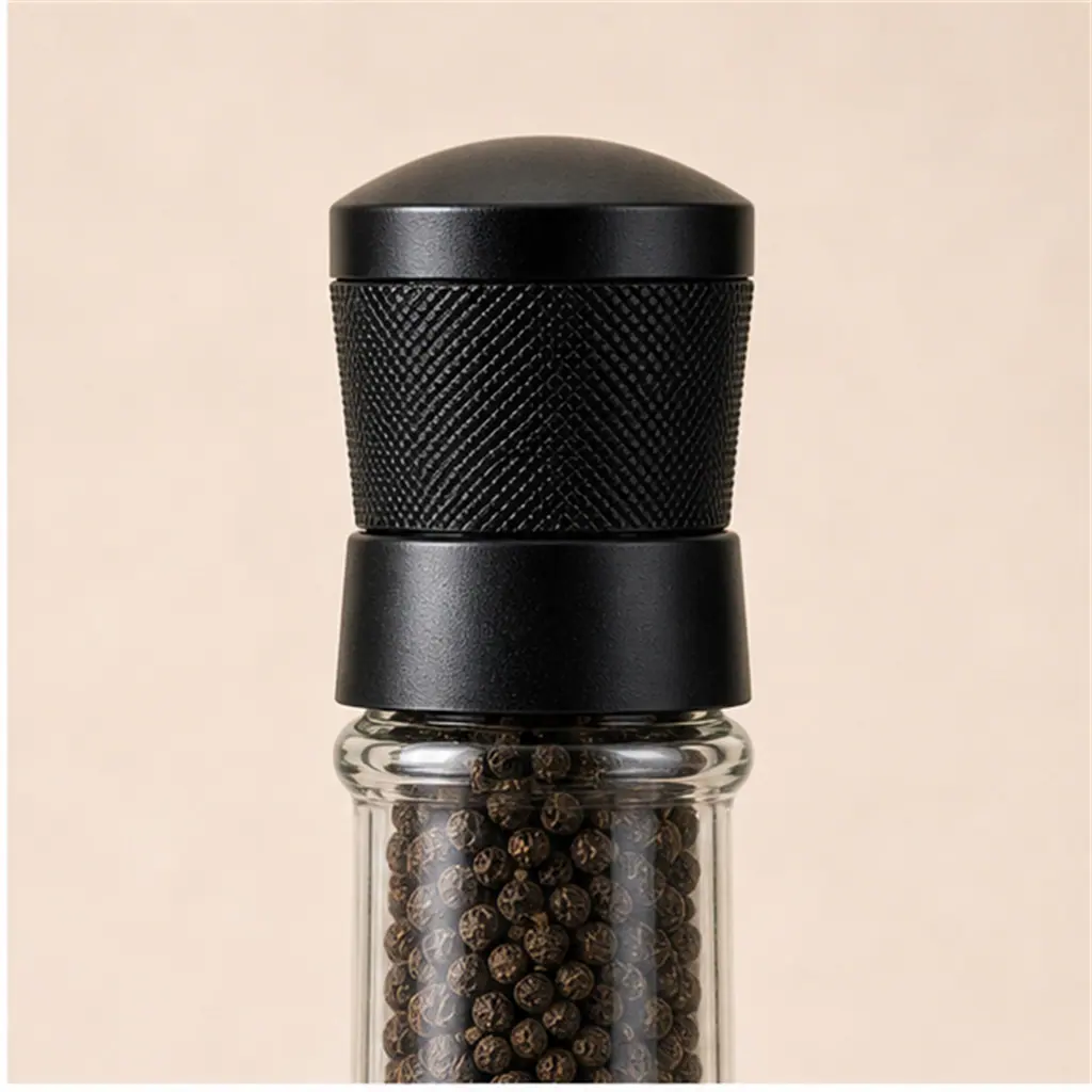 Moulin à poivre élancé en verre 350 ml détail du bouchon et de l'étanchéité