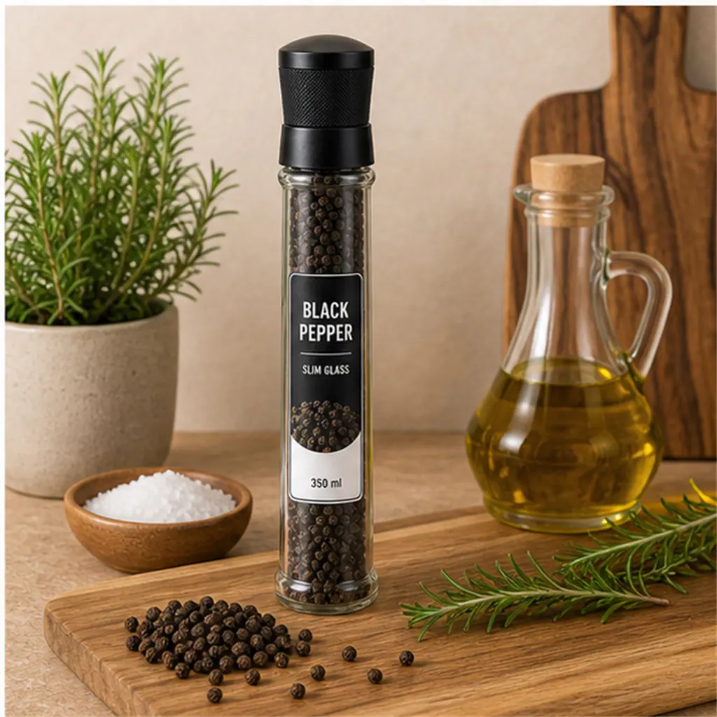 Moulin à poivre élancé en verre 350 ml – utilisation pour le conditionnement alimentaire