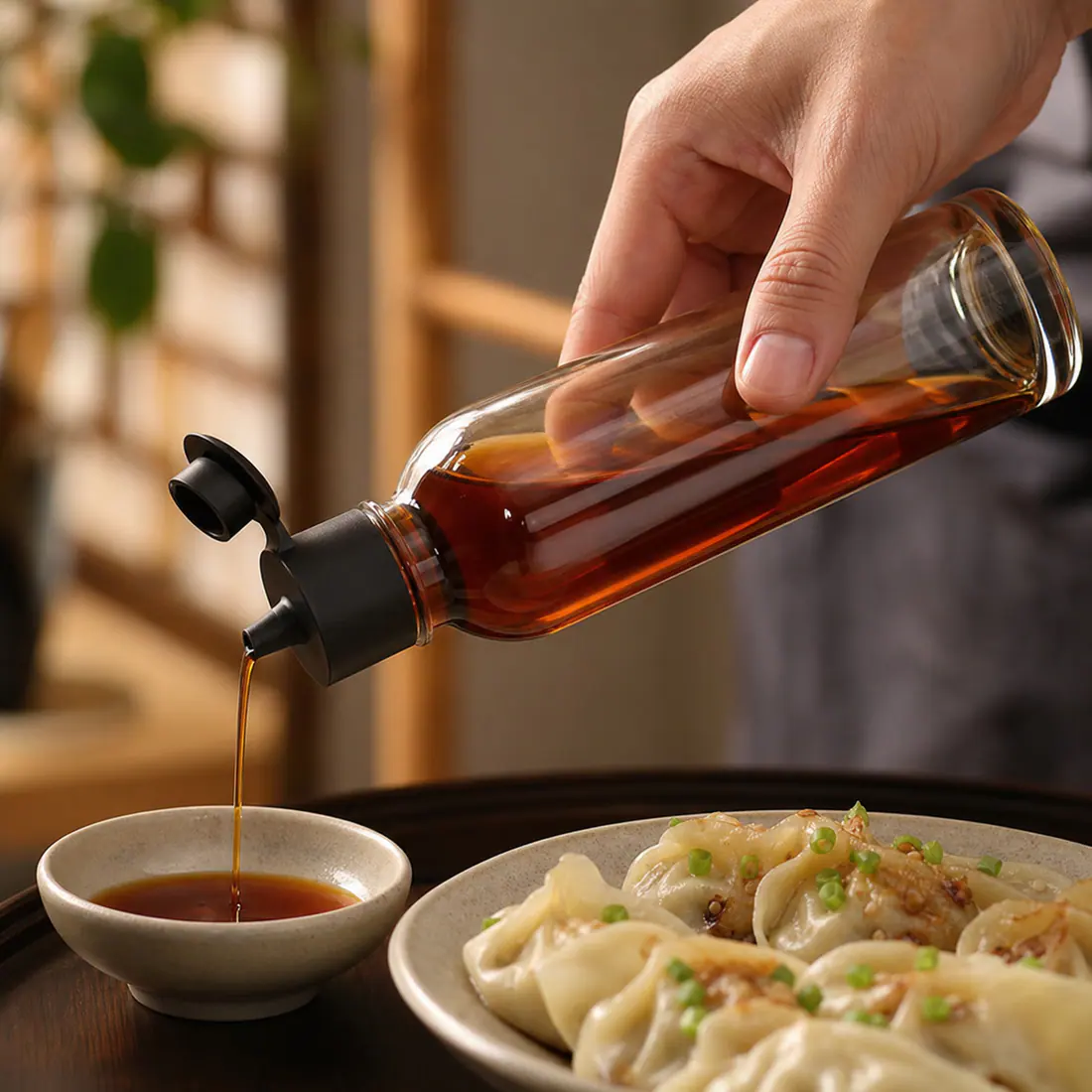 Bouteilles pour sauce soja en situation d'utilisation