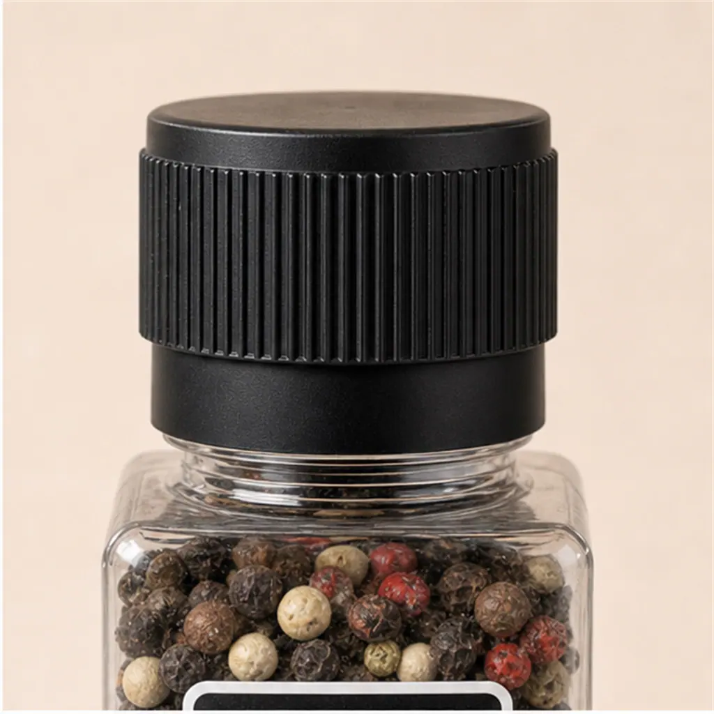 Moulin à poivre carré, tête noire, 90 ml détail du bouchon et de l'étanchéité
