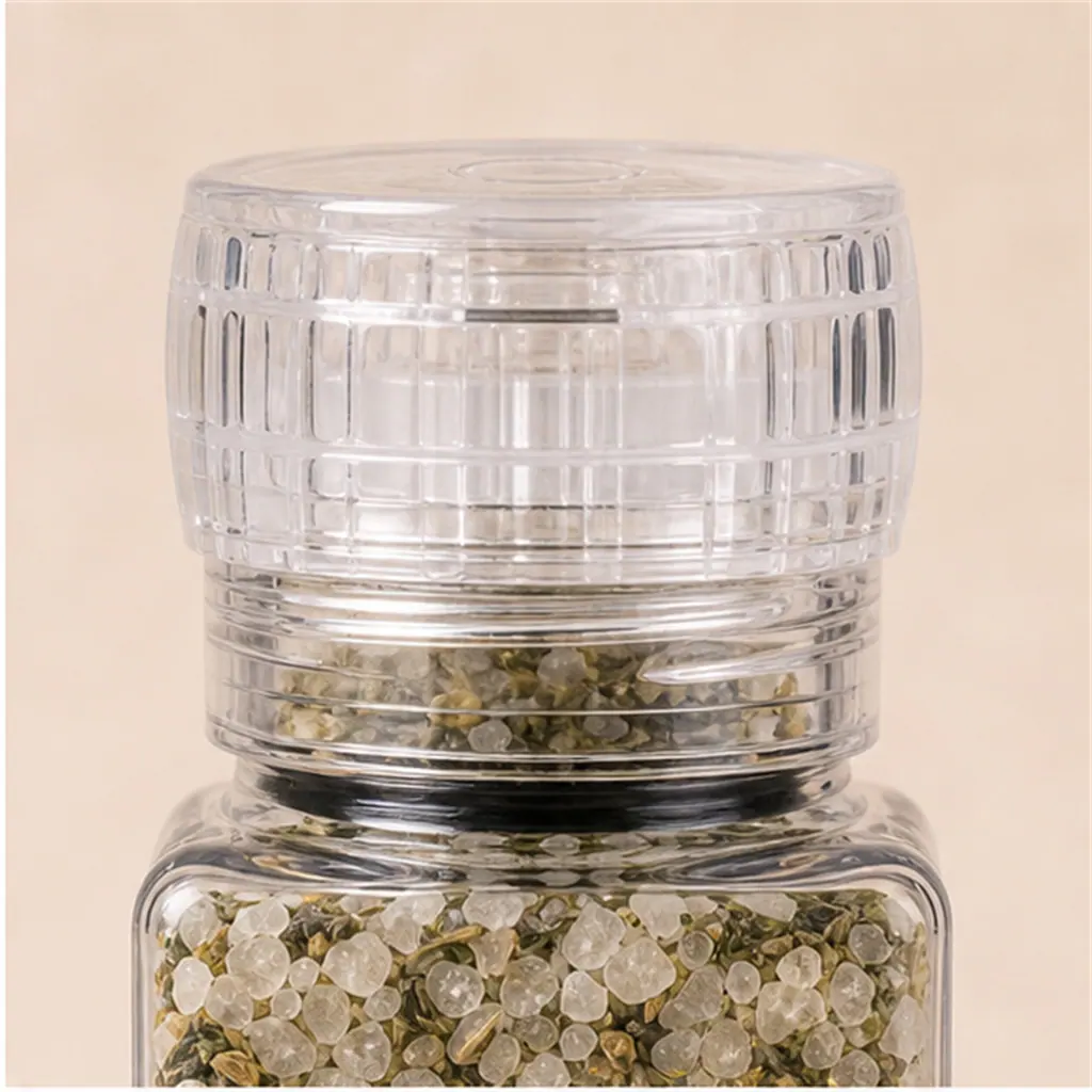 Moulin à épices carré, tête transparente, 90 ml détail du bouchon et de l'étanchéité