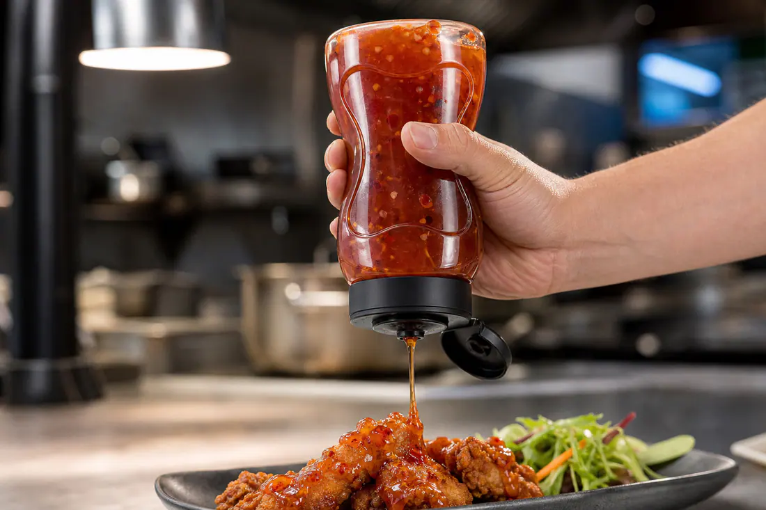 Flacons souples pour sauces en situation d'utilisation