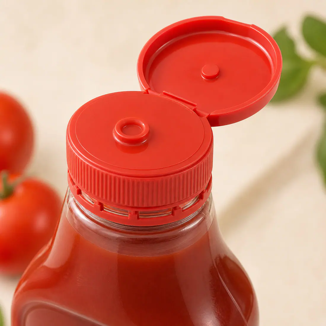 Bouteilles de ketchup avec témoin d'ouverture détail du bouchon et de l'étanchéité